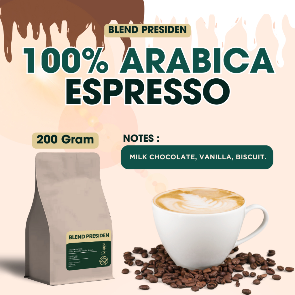 

Kopi Blend Arabica 100% Kemasan 200gr Kuasa Coffee blend Presiden espresso Biji Bubuk Berkualitas