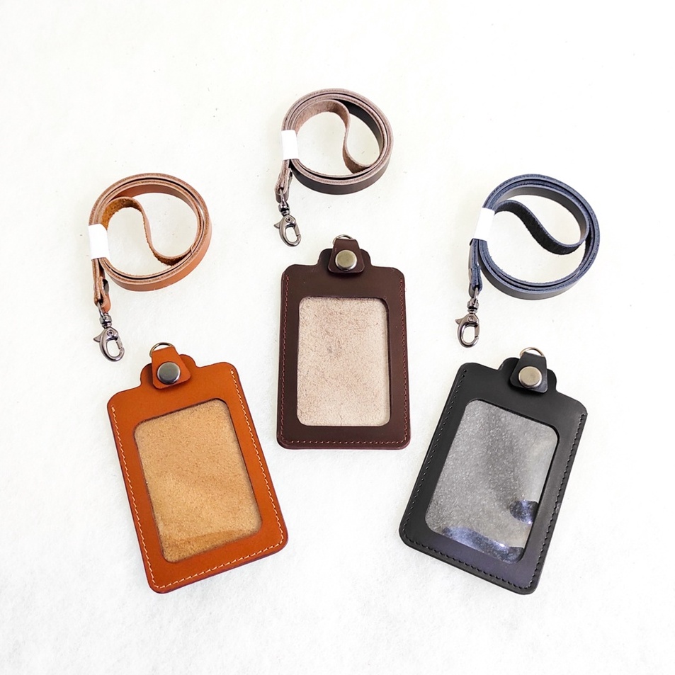 

Ready Stok Leather Name Tag Lanyard ID Card Holder Satu Slot Sisi Kulit Sapi Asli Free Grafir Laser