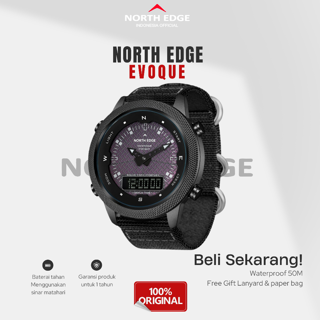 Jam tangan North EDGE Evoque Men's Solar Power Digital Watch Outdoor Adventure Wearable Device