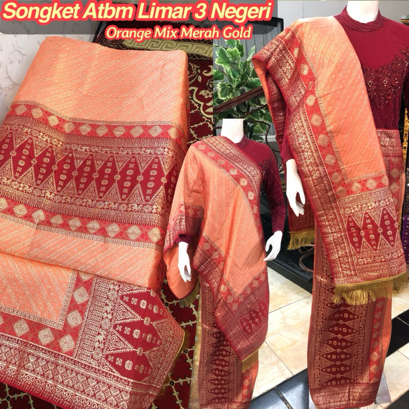 NEW Songket Atbm Limar 3 Negeri Exclusive  Orange Gold/ Songket Tenun Mesin Palembang ilham Songket 
