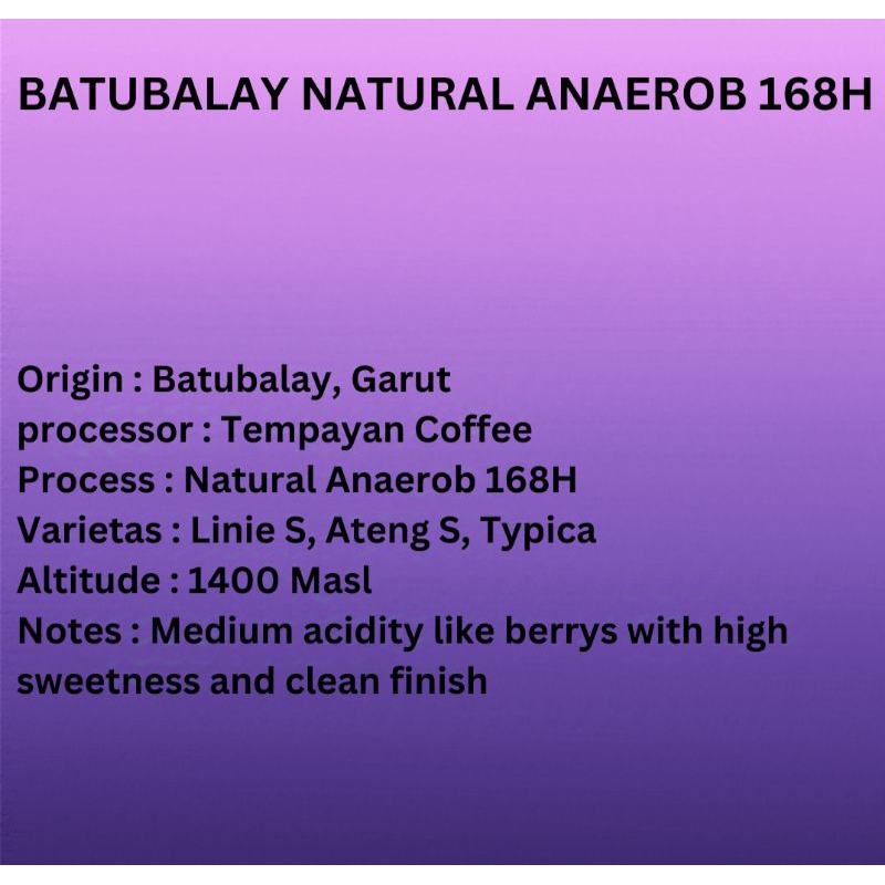 

Kopi Arabica Batubalay Natural Anaerob 168H (150gr)