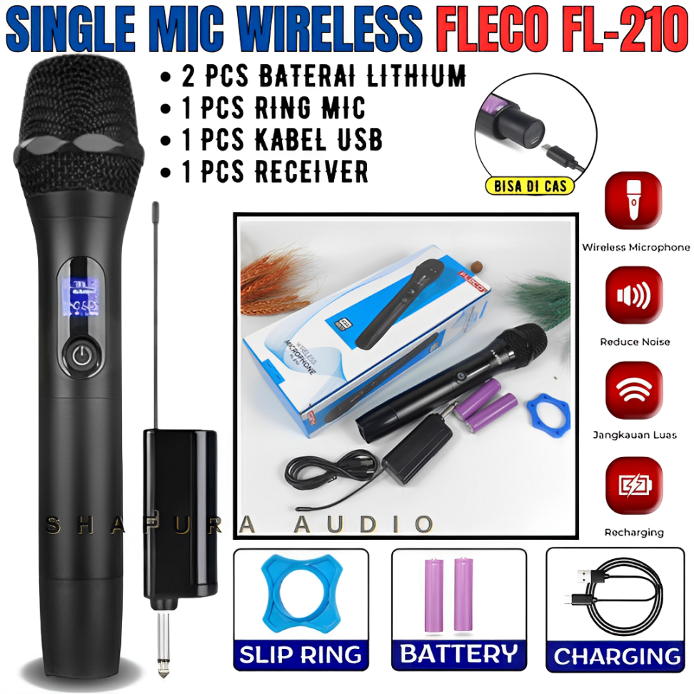 Mic / Microphone Single Wireless Professional Recharger Fleco FL-210 | Mic Wireless Singel Fleco FL-
