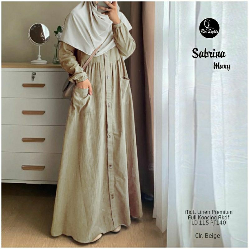 Cream / Beige Sabrina Maxy Katun Gamis Muslim Jumbo Ld 115 fit XXXL dress Warna Polos By Riaeighty