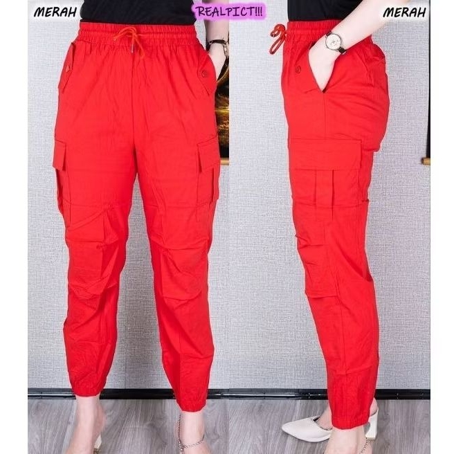 Celana Panjang Jogger Cargo Wanita Katun Stretch Halus Pinggang Karet LP 64-120 cm Allsize