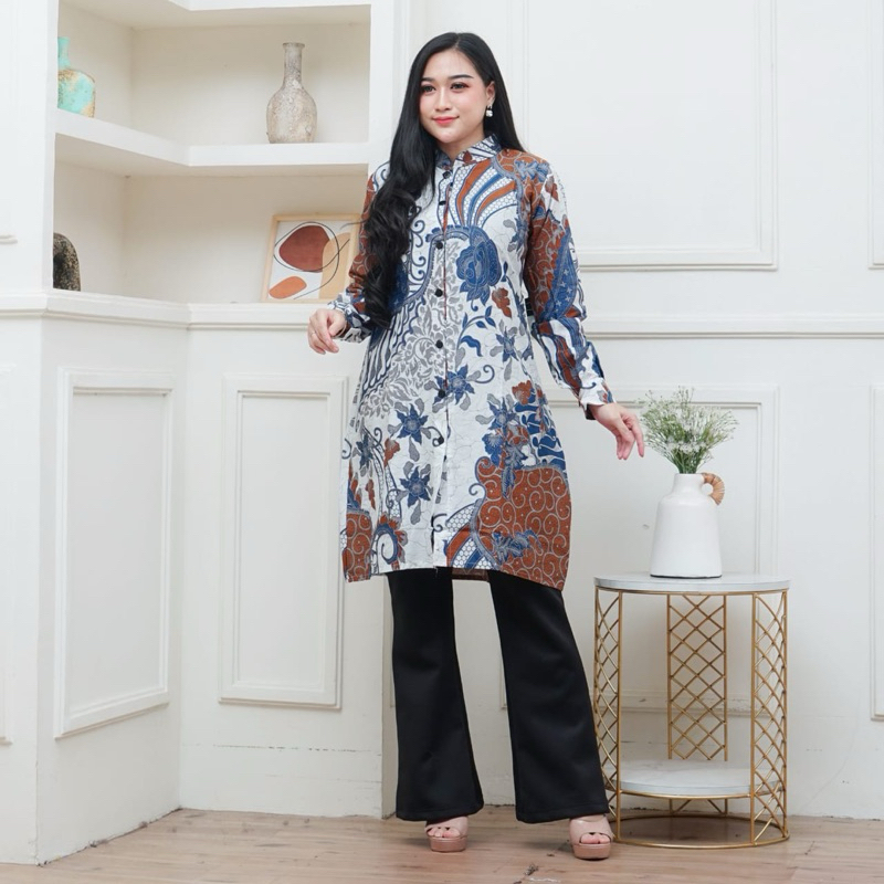 Couple batik dress / tunik wanita dan batik pria lengan panjang warna biru kecoklatan