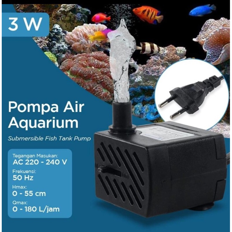 Pompa air mini aquarium ikan submersible pump fish tank 220-240v 3Watt - Black