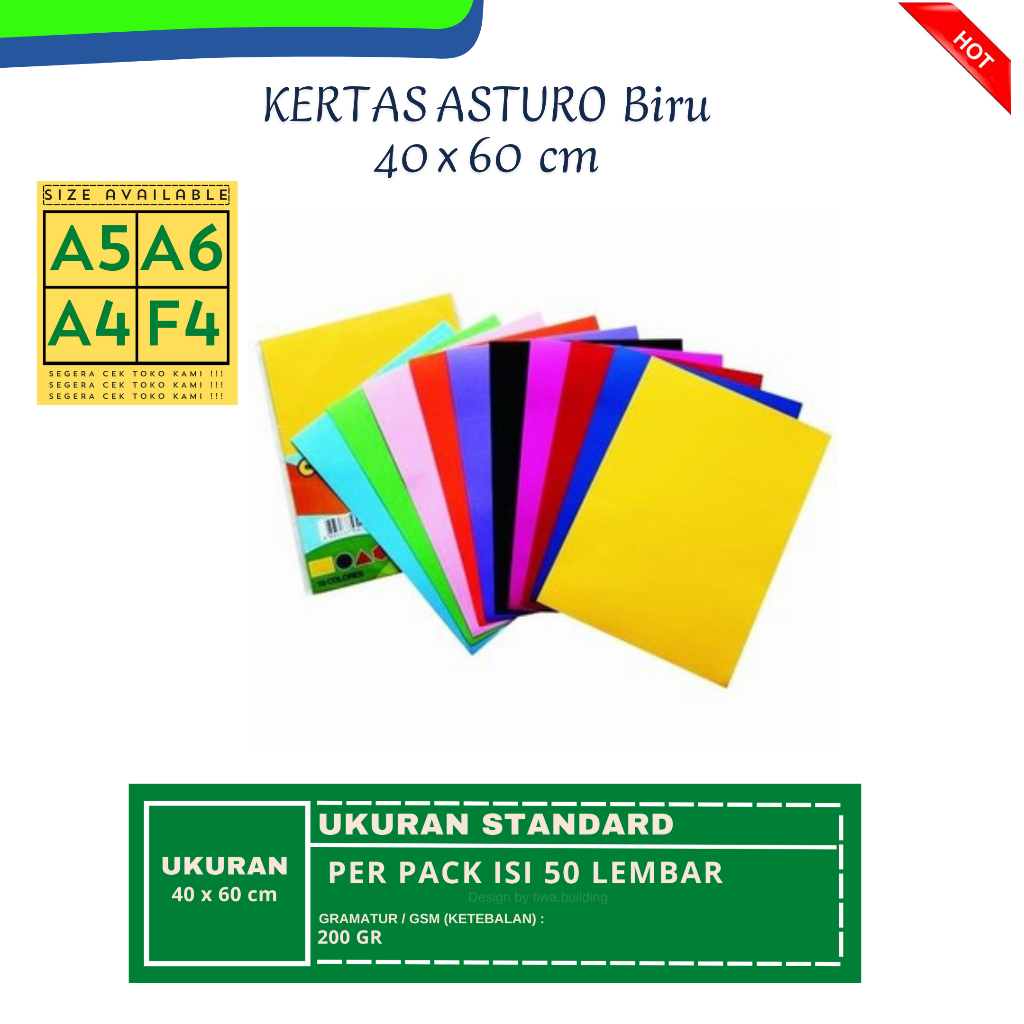 

KERTAS ASTURO UKURAN 40X60 CM TERSEDIA TERSEDIA BERBAGAI VARIAN WARNA PERPACK ISI 50 LEMBAR