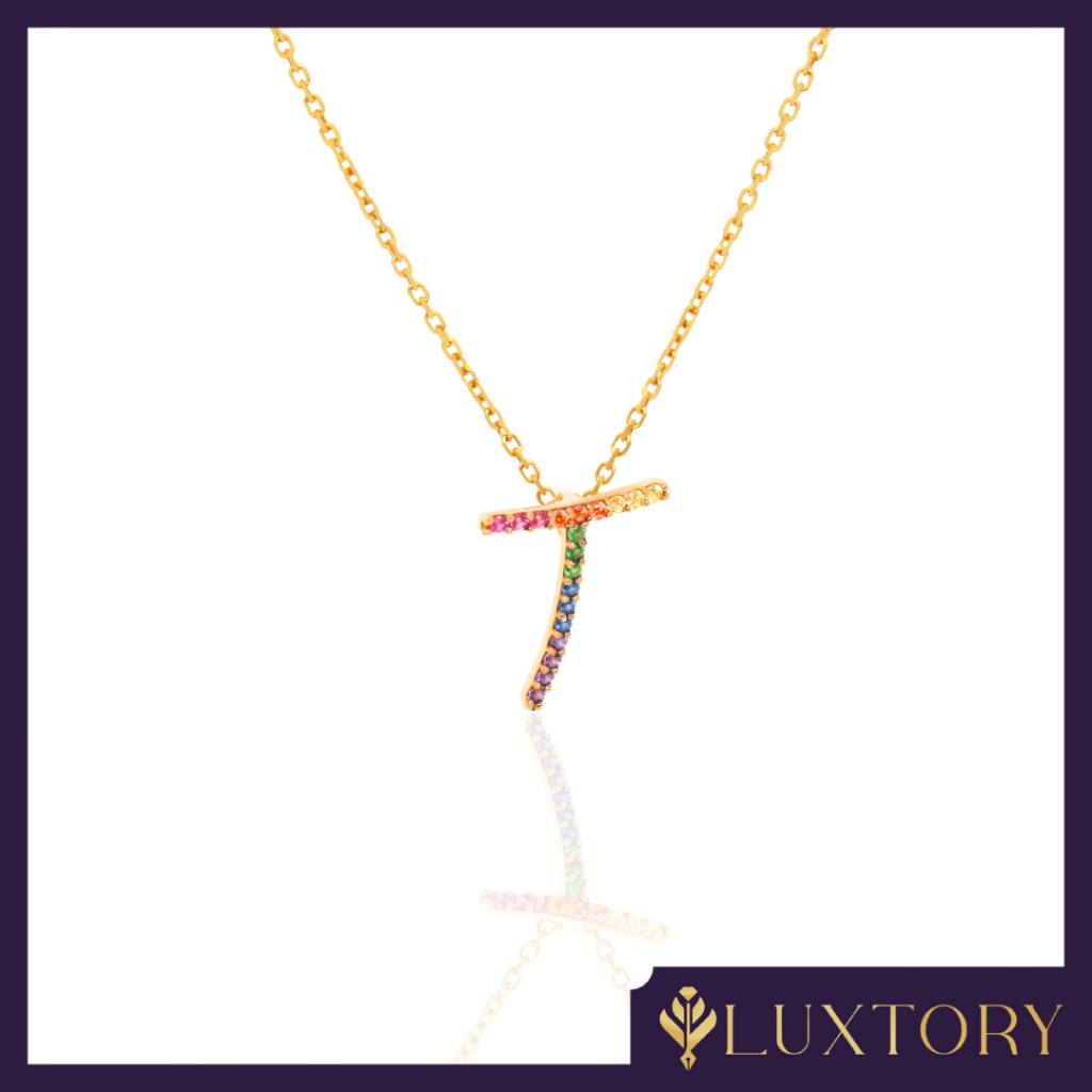 Kalung Kait Emas Huruf "T" Rainbow Permata 8K