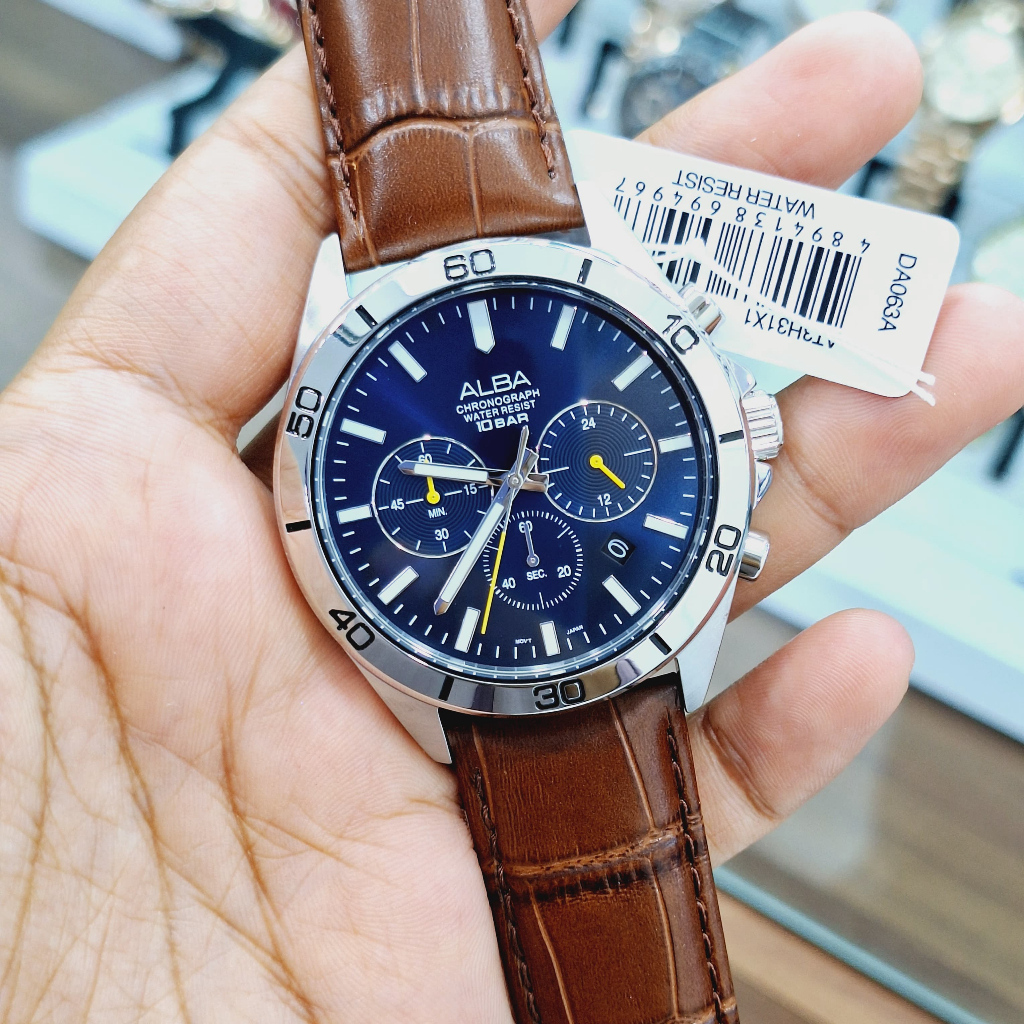 JAM TANGAN PRIA ALBA AT3H31X1 AT3H31 CHRONOGRAPH SILVER BLUE BROWN LEATHER  ORIGINAL