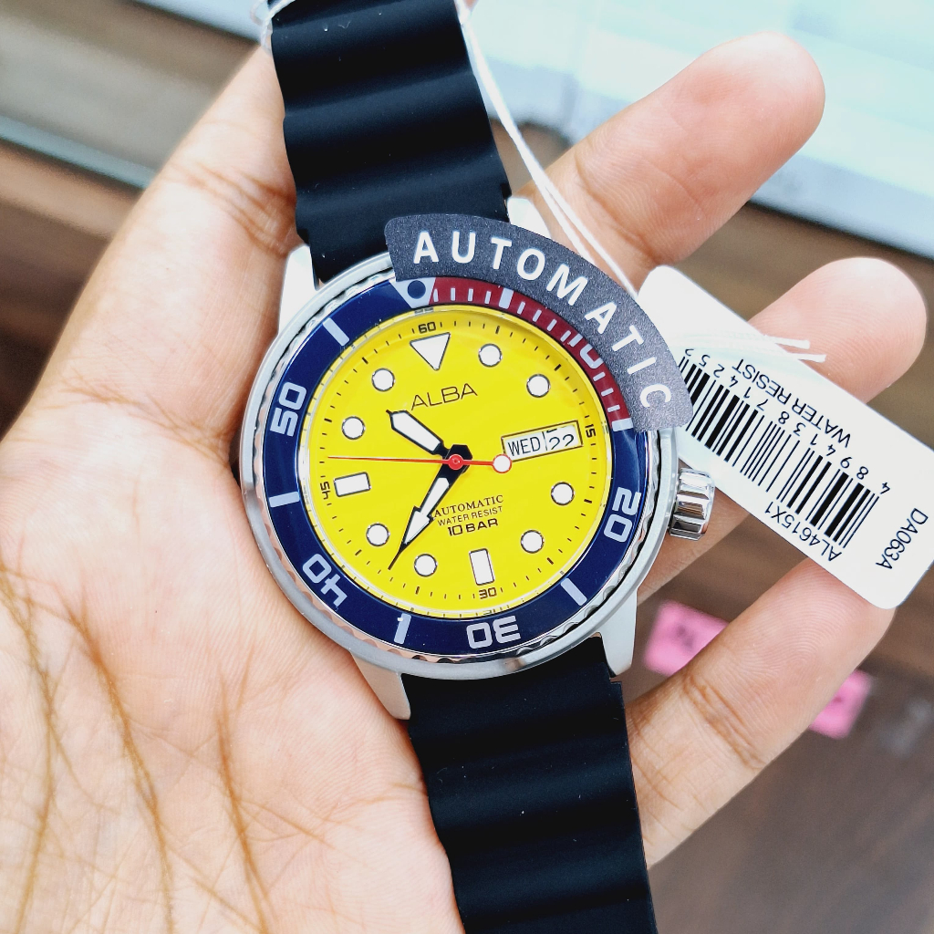 JAM TANGAN PRIA ALBA AL4615X1 AL4615 AUTOMATIC YELLOW DIAL BLACK RUBBER ORIGINAL