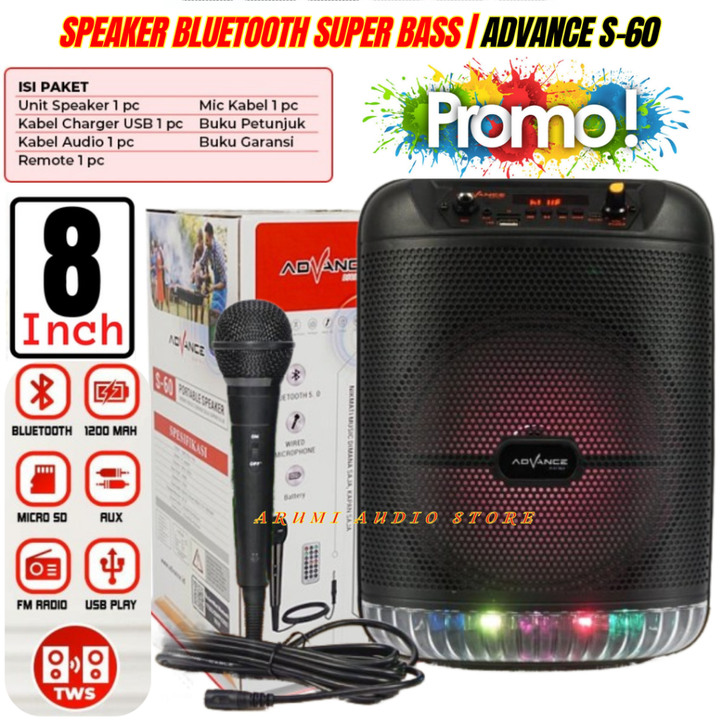 Speaker Portable 8 inch Advance S 60 Bluetooth karaoke | Speaker Advance Bluetooth Music & Karaoke S