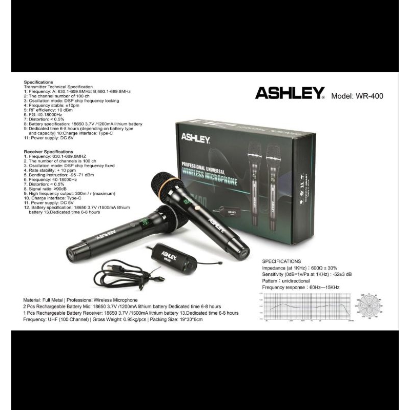 Mic Wireless ASHLEY WR400 WR 400 Dual Handheld Original