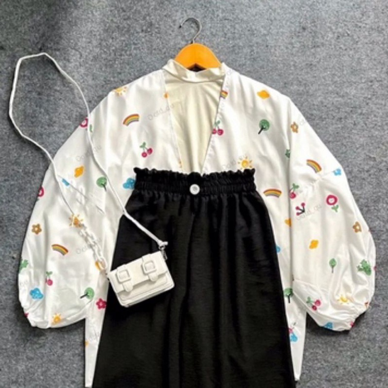 setelan baju outer kiyowo dan kulot kerut susun kancing pinggang karen wanita remaja dan anak peremp