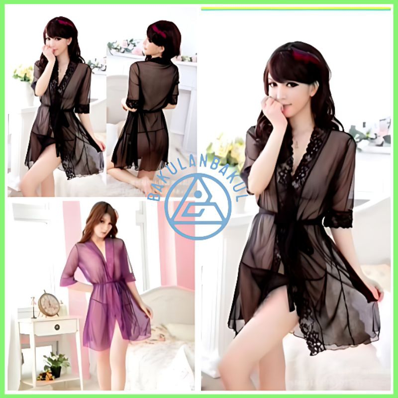 Set Kimono Transparan Baju Wanita Baju Tidur Kerah