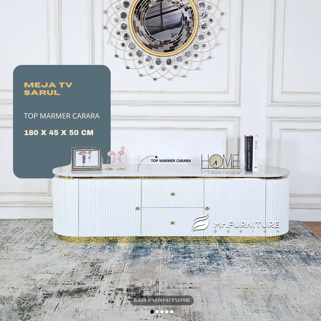 meja tv oval salur top marmer putih carrara 180x45x50 cm