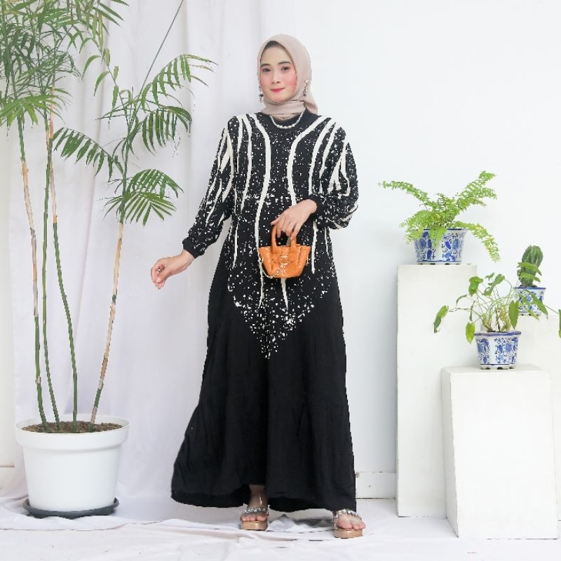 gamis twill rayon terbaru motif batik cap Malaman dress muslimah hitam putih lengan panjang kain ade