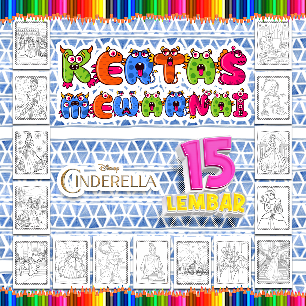 

Kertas mewarnai anak 15 Lembar. coloring worksheet paket lengkap sketsa Tema [Cinderella]