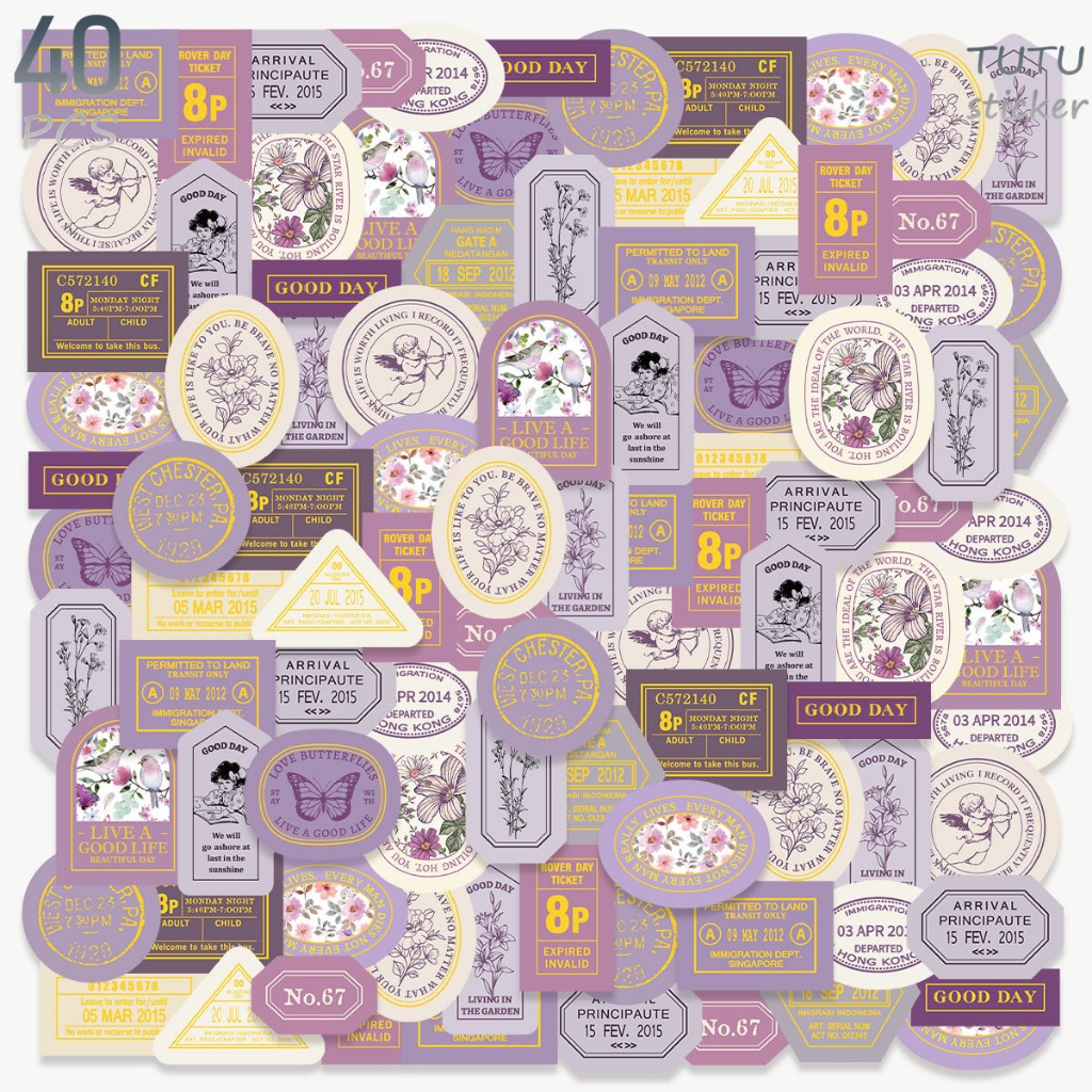 

40 Pcs Gaya Vintage, Bunga Ungu, Burung, Dll. Stiker Dengan Pola Yang Kaya