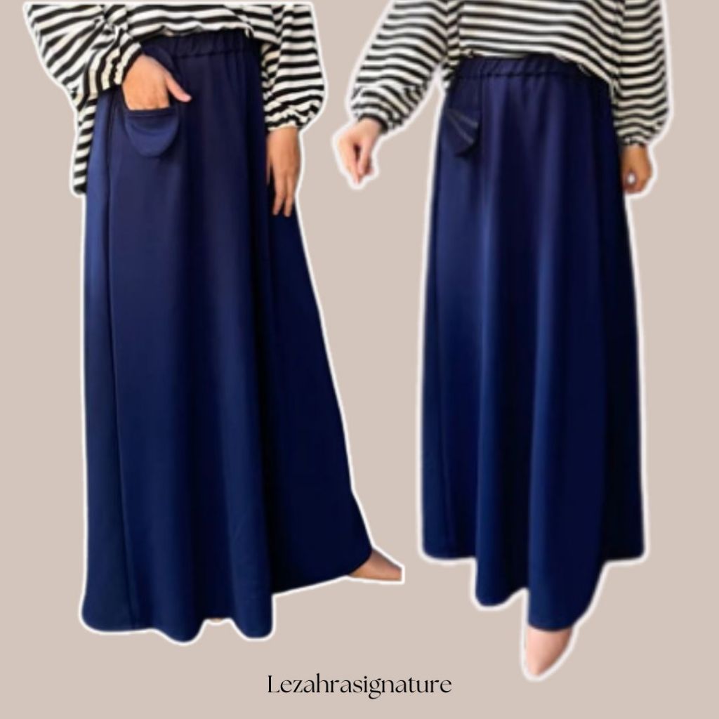 Rok Kuliah Payung A-Line Wanita Scuba Navy Fit Jumbo Lezahrasignature Long Skirt Flare Bella
