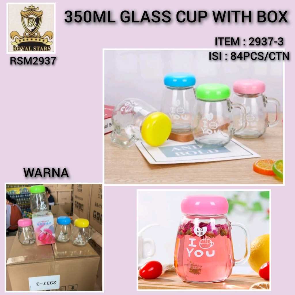 

glass cup dengan box dus I LOVE you satuan ( TAK ADA GARANSI PECAH ) 350 ml bahan kaca souvenir tutup drat anti tumpah ( ada karet seal)