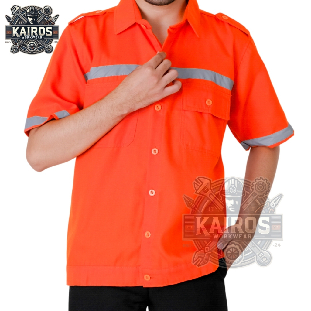 KEMEJA SAFETY PRIA LENGAN PENDEK ATASAN WEARPACK OREN REFLEKTIF SCOUTLIGHT