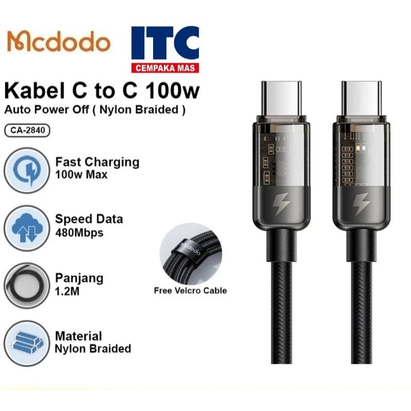 Kabel Tipe C To Tipe C Auto Power Off 100W Mcdodo CA-284 Original CA284 CA-2840 CA2840