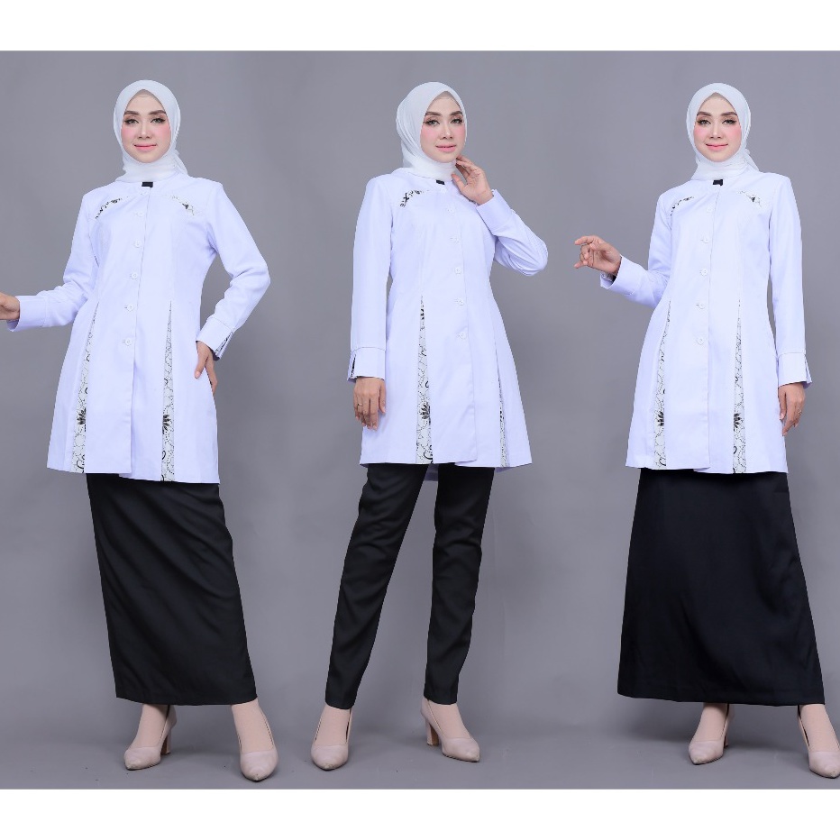 KI3 Tunik Putih Kombi Batik Bawahan Hitam Rok SpanRokACelana panjang bahan Katun Free Hijab