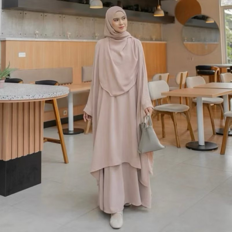 One Set Rok Tunik Melayu Syar’i Pashmina Oval Setelan Abaya Wanita Set Hijab Crinkle Airflow Premium