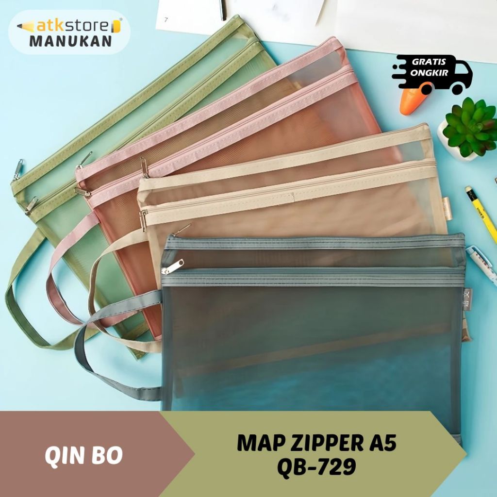 

QIN BO MAP ZIPPER TIPE QB-729 Tempat Pensil Jaring Transparan Kapasitas Besar Kotak Pensil A5