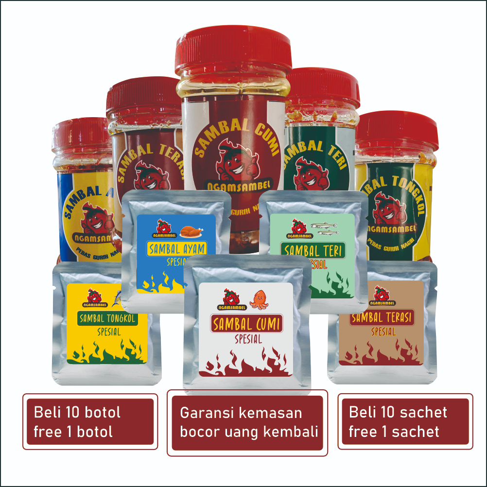 

NGAMSAMBEL - [20gr & 150gr] Sambal Sachet dan Sambal Botol , Sambal Baby Cumi, Sambal Roa, Paru, Udang, Sambal Teri Medan, Sambal Bawang, Sambal Terasi, dll