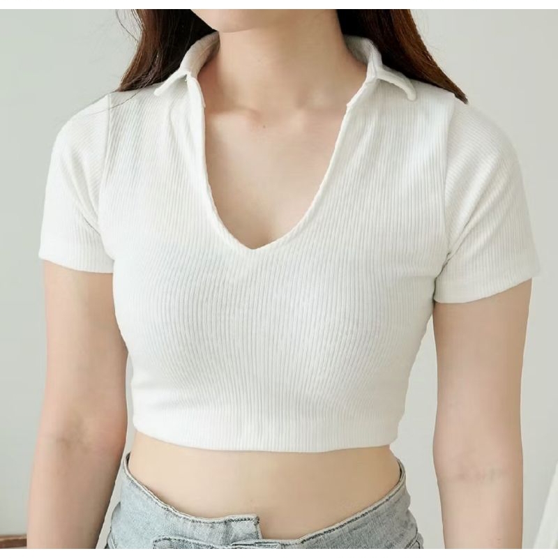 atasan rajut lengan pendek motif kerah polo tank top rajut tangan pendek-crop top