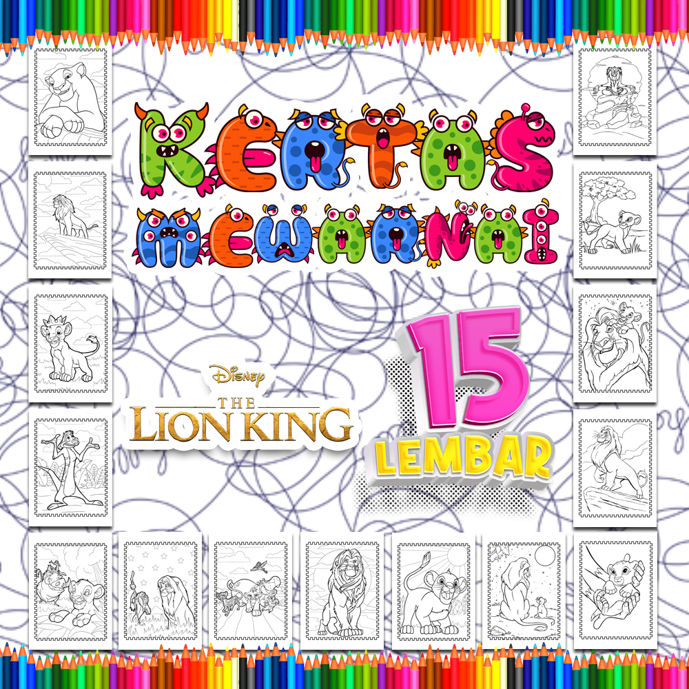 

Kertas mewarnai anak 15 Lembar. coloring worksheet paket lengkap sketsa Tema [Lion King]