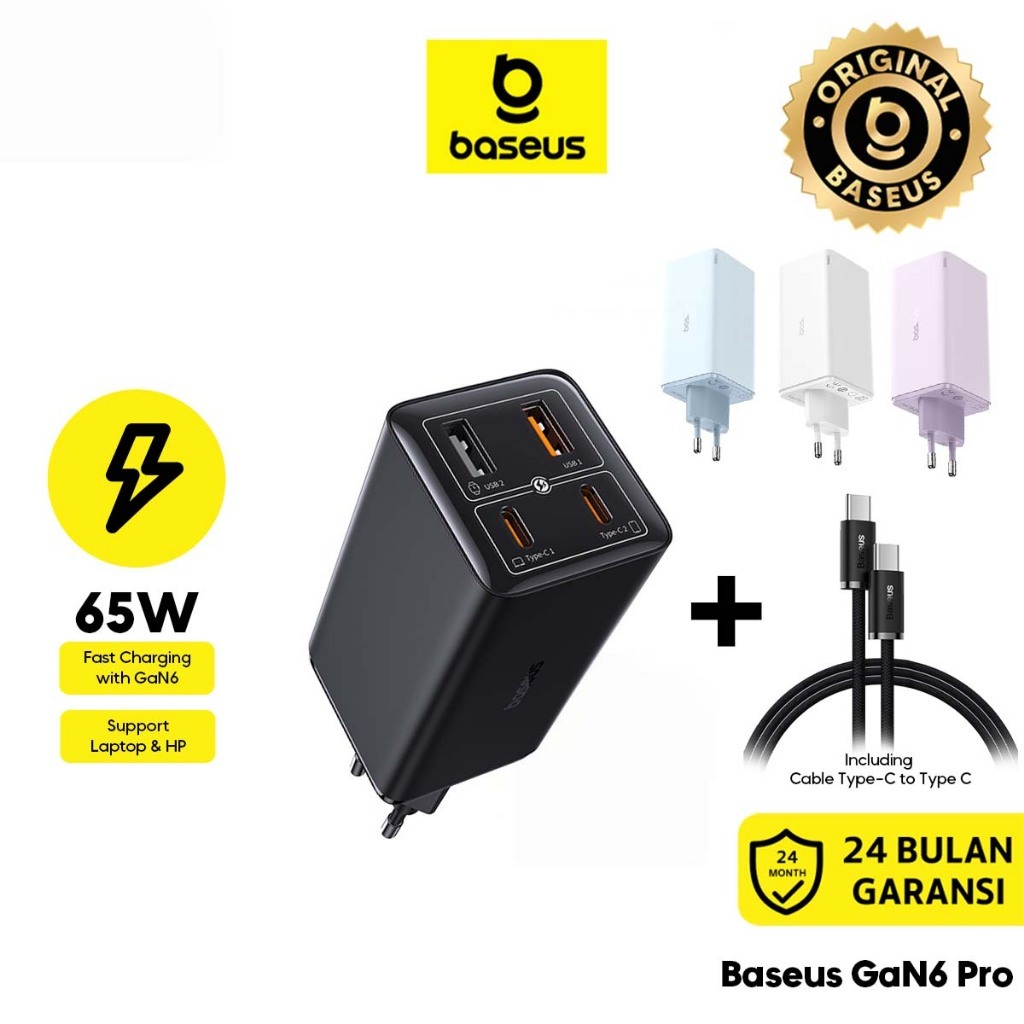 Baseus Charger GaN6 Pro Fast Charging 2C+2U 65W With Cable Type-C to Type-C 100W Tablet Ipad charger