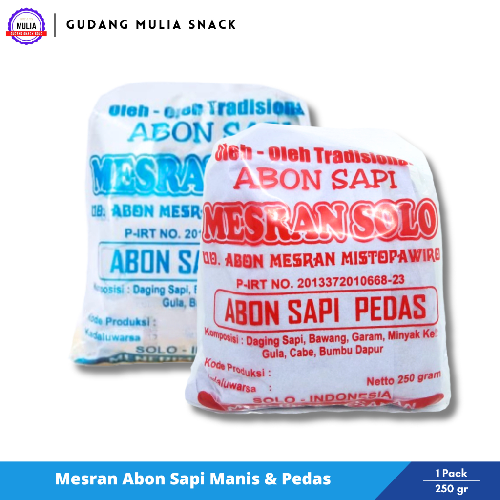 

Abon Sapi MESRAN Manis & Pedas 250 gram Oleh - Oleh tradisional khas SOLO