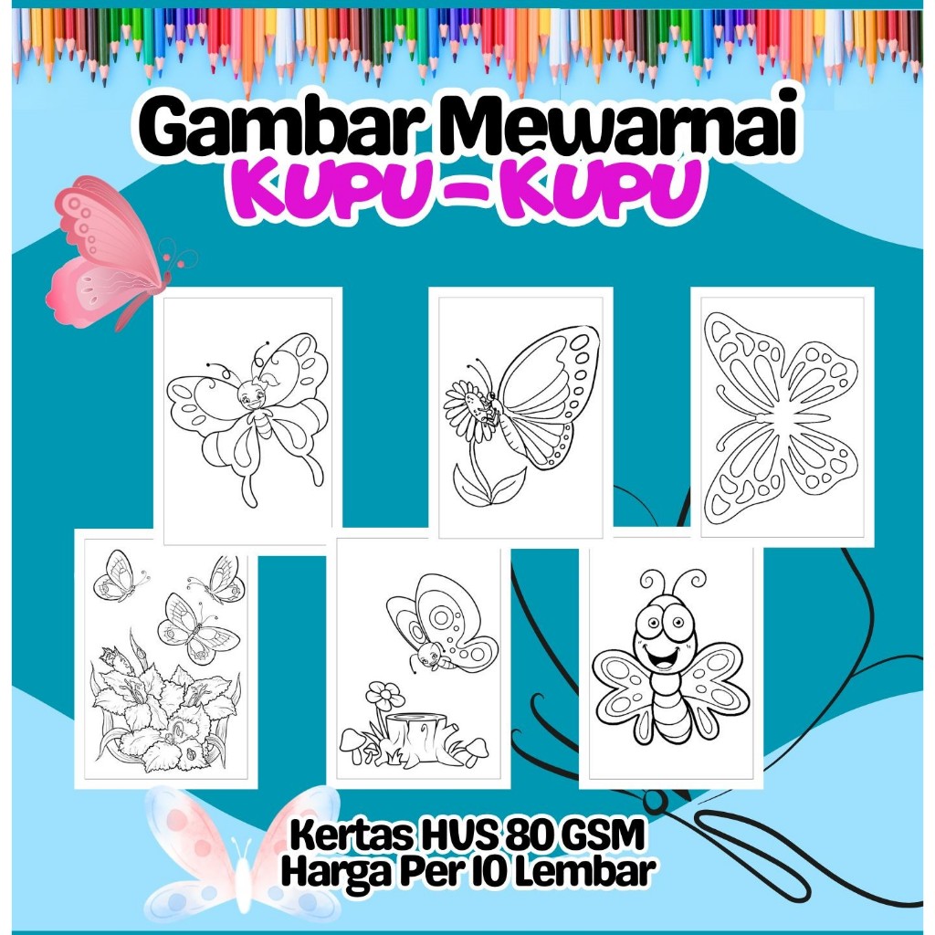 

10 Lembar Kertas Gambar Mewarnai Kupu Kupu Murah - Anak Anak TK SD PAUD Remaja - Kertas HVS A4 A5 80 GSM