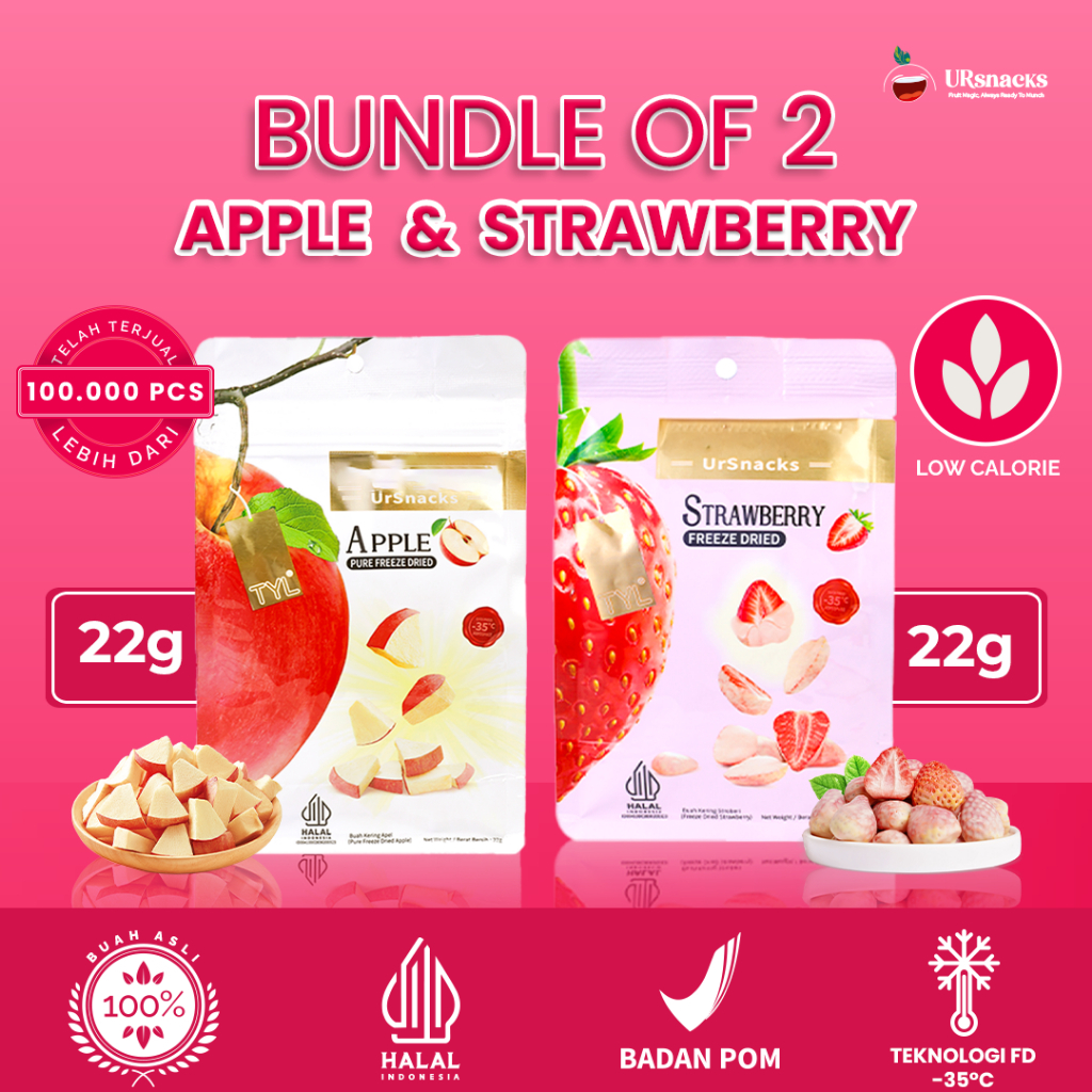 

URSNACKS Bundle Of 2 [LIVE] - Freeze Dried Keripik Sehat Strawberry + Apel - Snack Keripik Buah Asli Halal BPOM