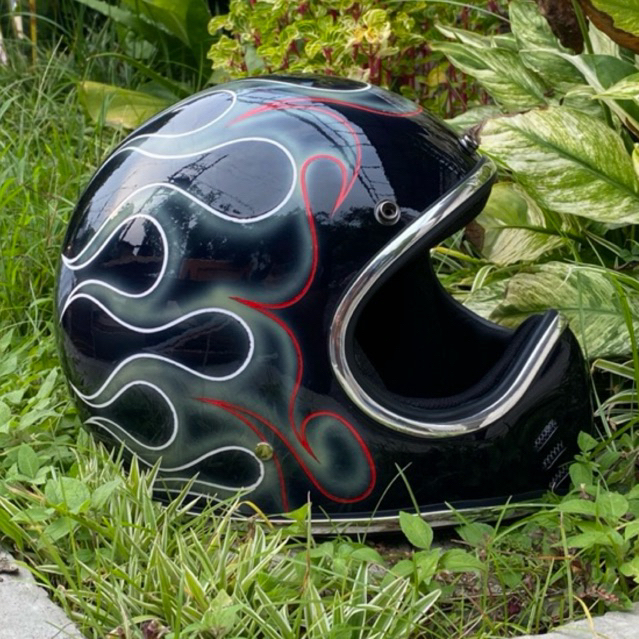 Helm Cakil Custom Hitam Api Abu Merah