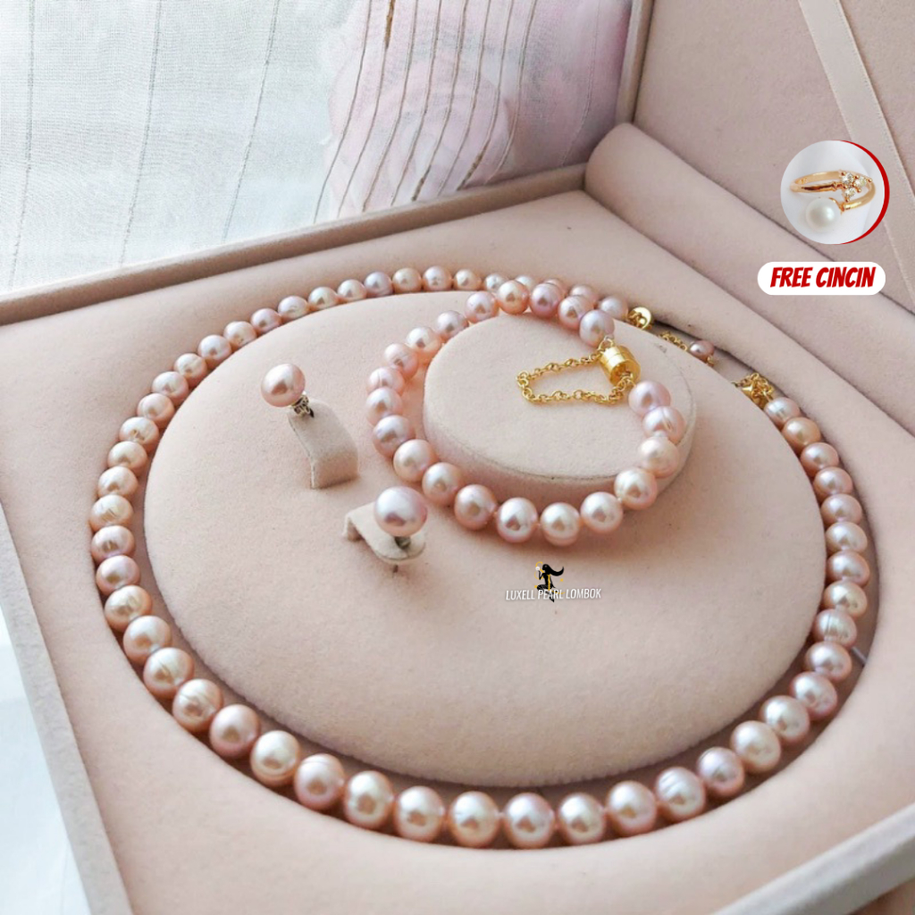 TERMURAH!! I Satu Set Perhiasan Mutiara Air Tawar Asli Lombok  Bersertifikat FREE ONGKIR| Kalung Mut