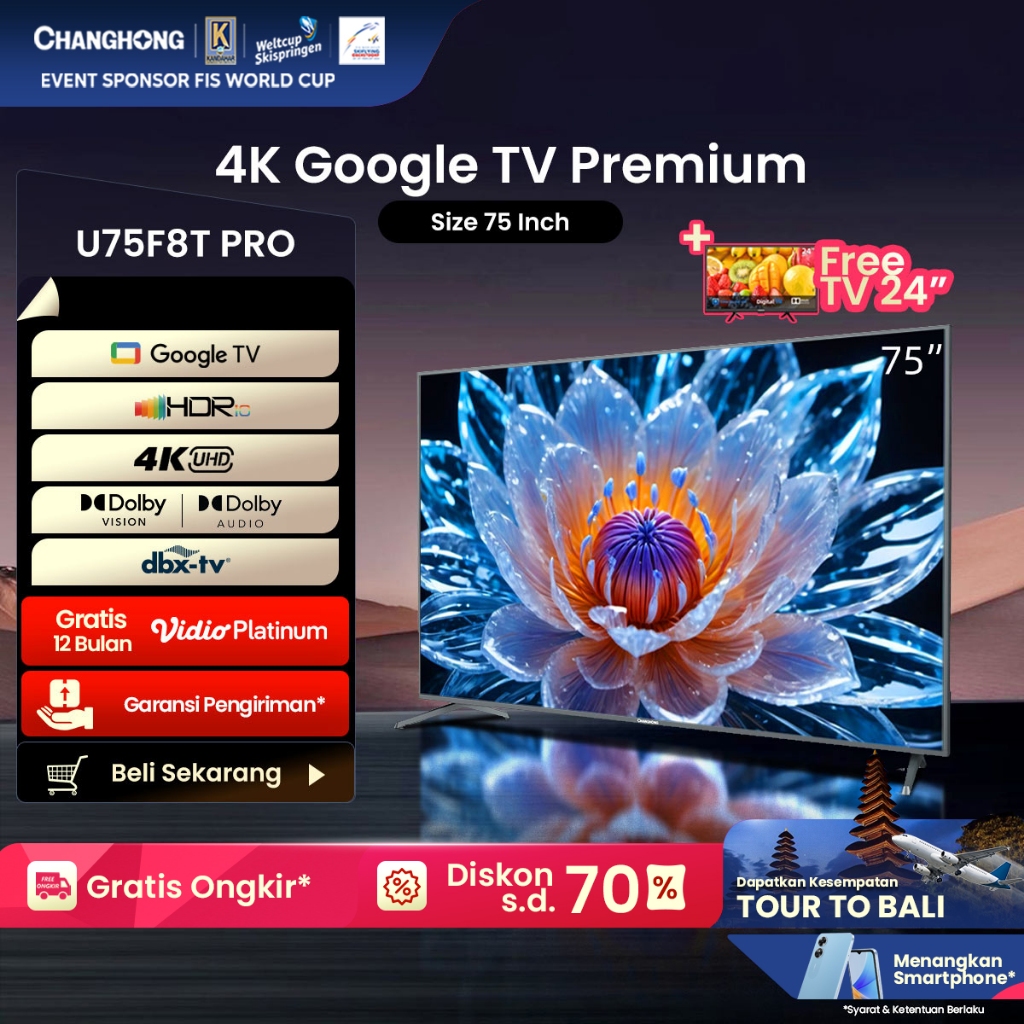 【Beli TV Gratis TV】Google TV Changhong 75 Inch 4K  UHD Smart Digital LED TV-Google Assistant-UHD-Wif