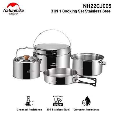 COOKING SET 3 IN 1 STAINLESS STEEL NATUREHIKE NH22CJ005 NESTING ALAT MASAK PORTABLE CAMPING GLAMPING