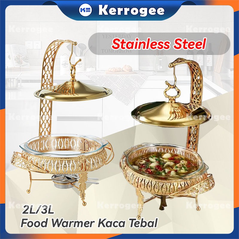 (Ready) Food Warmer Wadah Kaca Tebal Gold Gold Rolltop Hanging chafing 2L/3L Cover Chafer Perasmanan