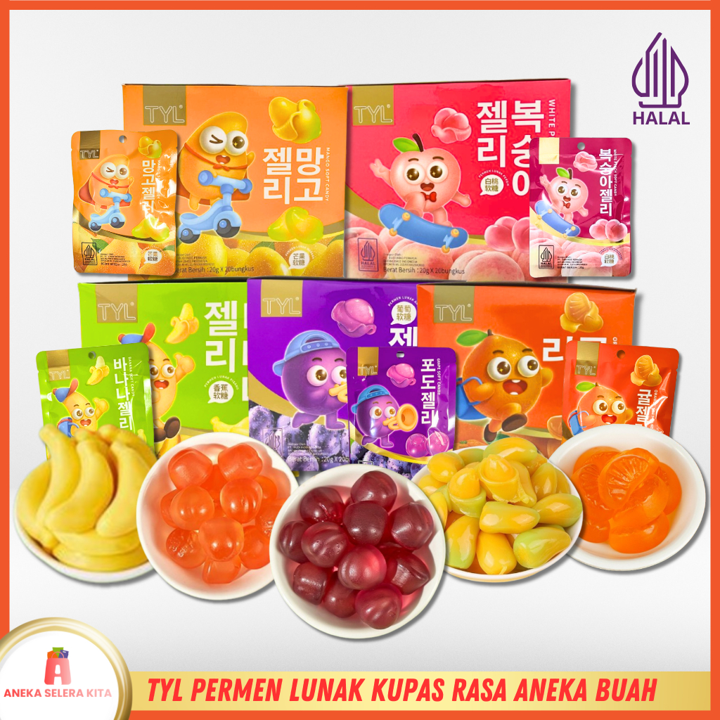 

TYL Permen Lunak Kupas Aneka Rasa Buah Grape, Banana, Mango, Peach / Baopi Gummy Soft Candy (Per-Box)