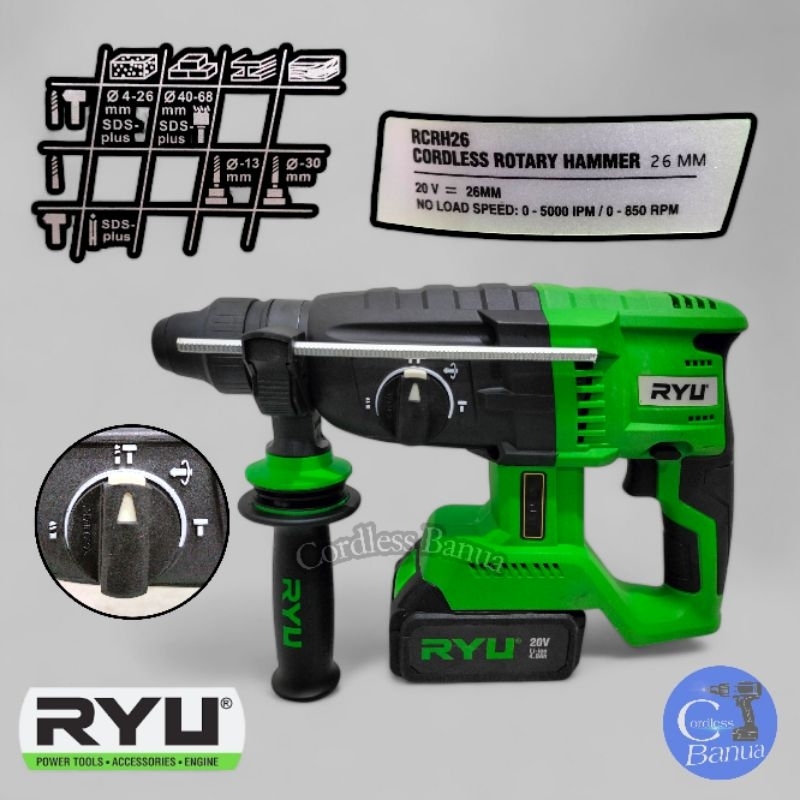 MESIN BOR HAMMER CORDLESS "RYU" RCRH 26 ||CORDLESS ROTARY HAMMER "RYU" 26 MM