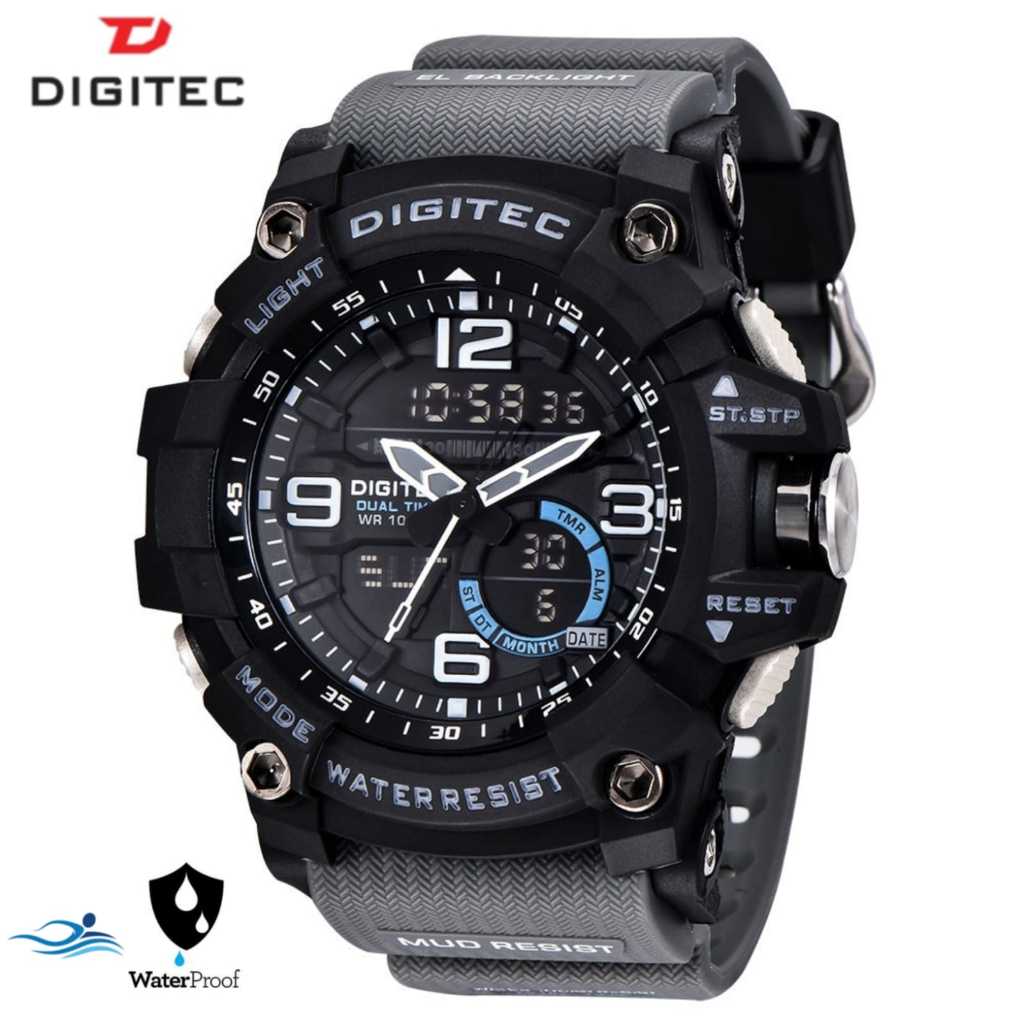 DIGITEC DA - 2102T Jam Tangan Rubber Dual Time Tahan Air untuk Pria Stopwatch Jarum Rubber