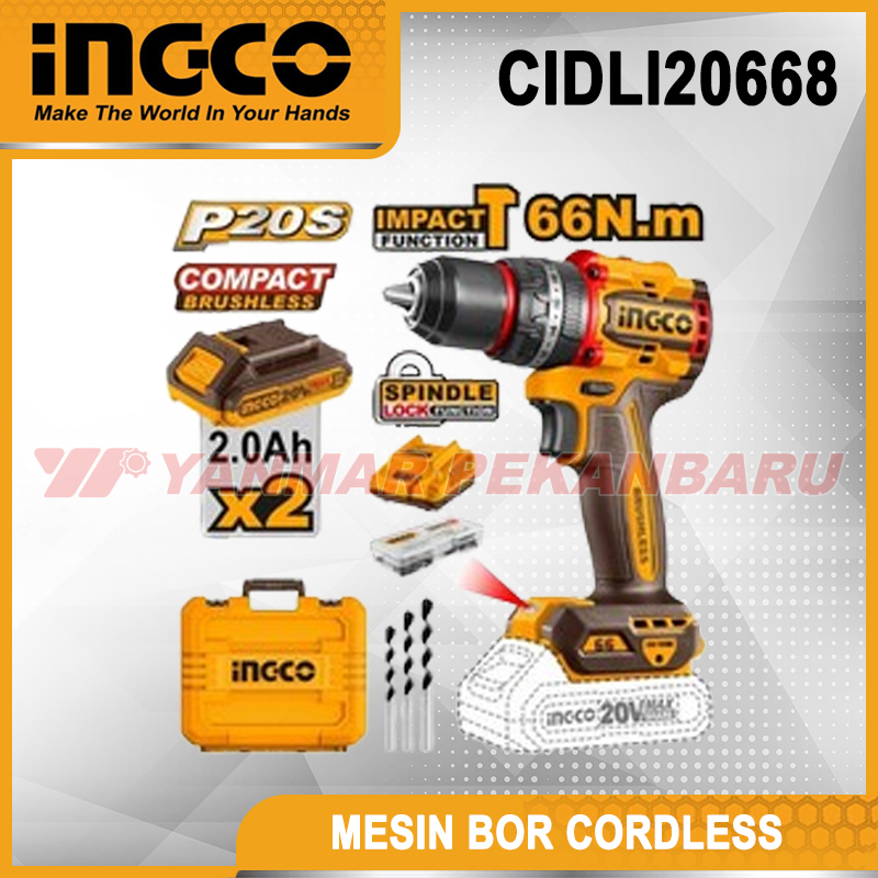 Mesin Bor Baterai Cordless 20 V Impact Brushless INGCO CIDLI20668