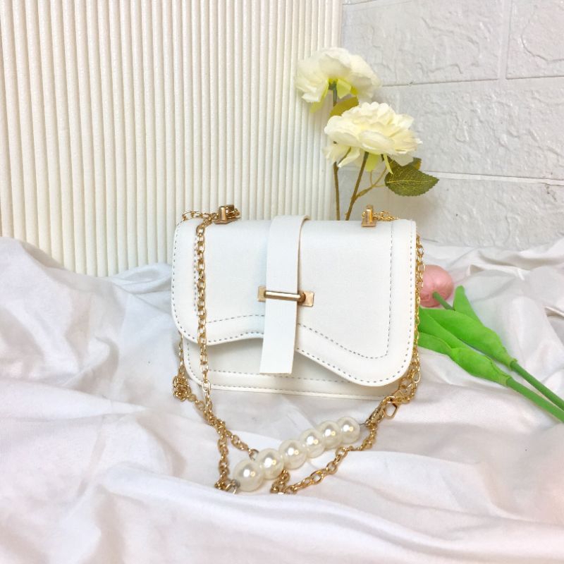NEW DEALS Tas Selempang Wanita Mini Chiby Pearl - Slingbag Tali Rantay Mutiara - Tas Mini Elegan -