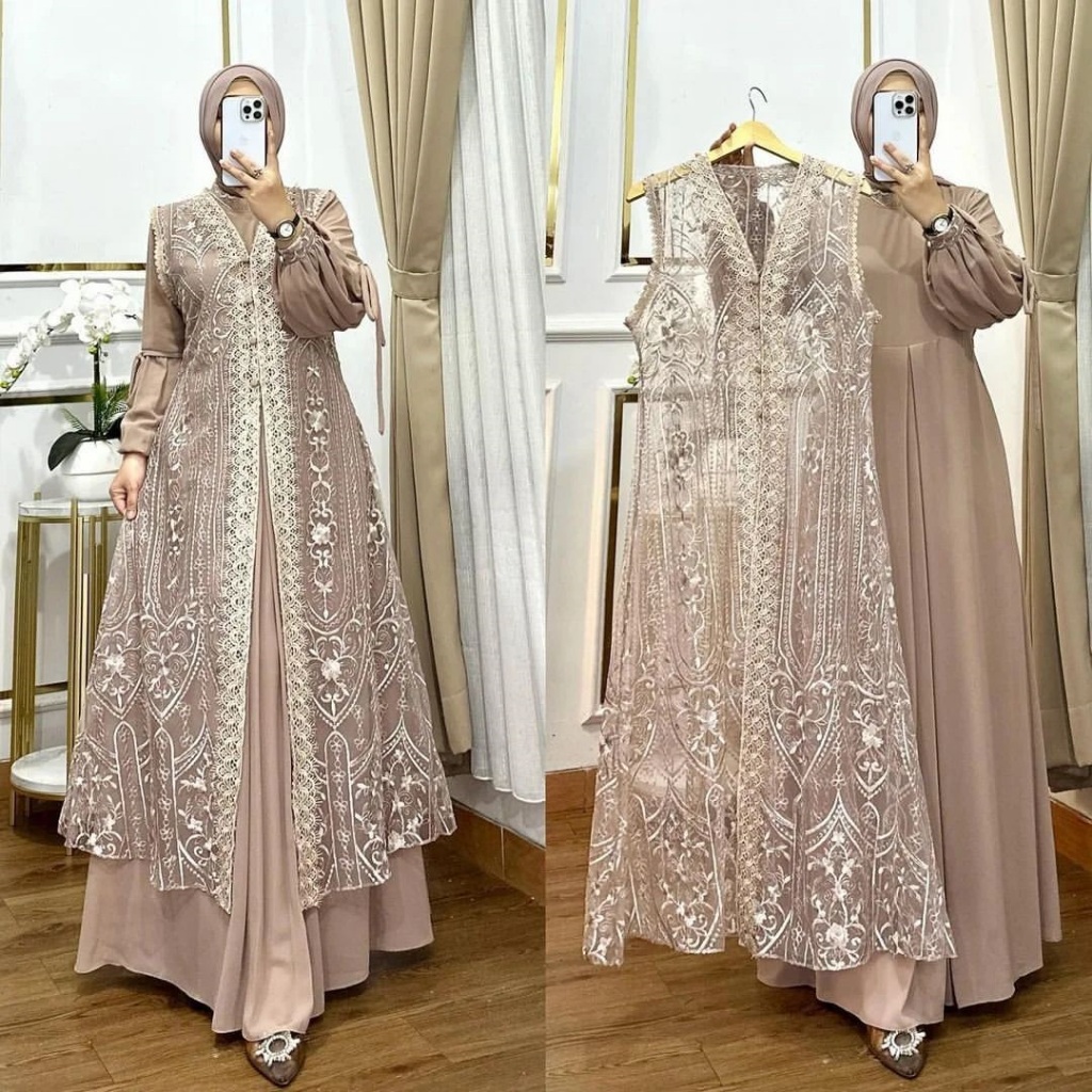 Gamis Pesta Outher Terpisah Full Brukat Dress Maxi Seragaman Kondangan Burgundy Naura Gamis Outher