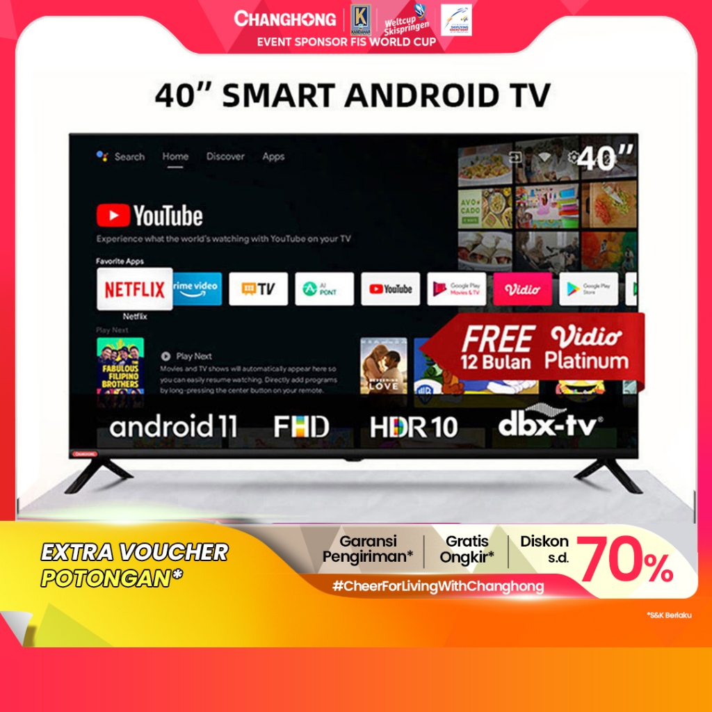 Changhong 40 Inch Newest Android 11 Frameless Smart TV Digital LED TV FHD -Netflix-Youtube-Google Pl