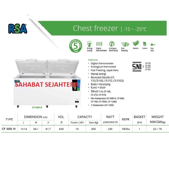 RSA Chest Freezer CF-600H Freezer 2 Pintu Kapasitas 500 Liter