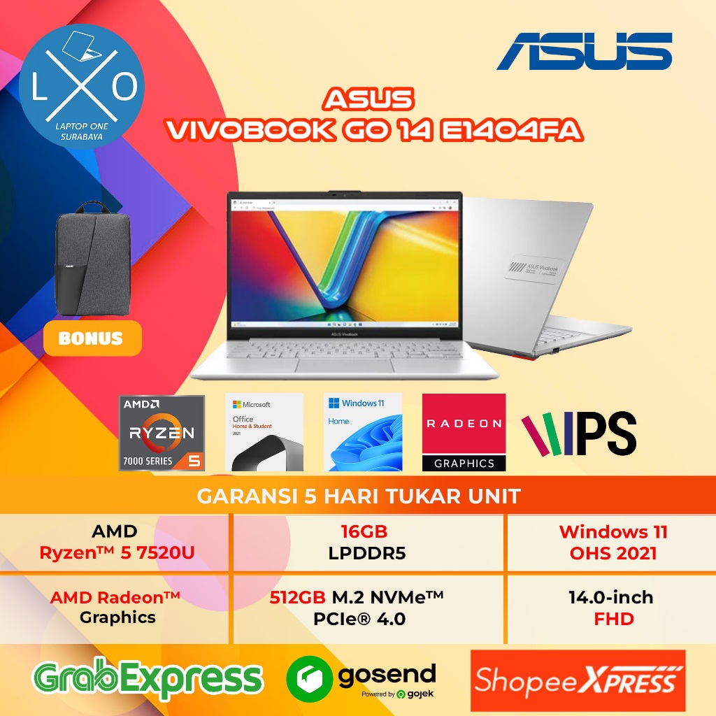 Laptop Asus Vivobook Go Ryzen 5-7520U 16GB 512GB 14" FHD IPS Windows 11 - Asus Vivobook Go E1404FA